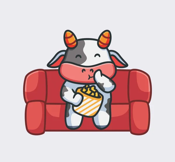 Cute Cow Watching Movie Eating Popcorn Isolated Cartoon Animal Nature — Image vectorielle