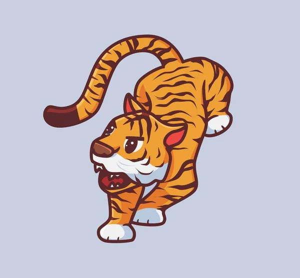 Cute Tiger Ready Fight Isolated Cartoon Animal Nature Illustration Flat — ストックベクタ
