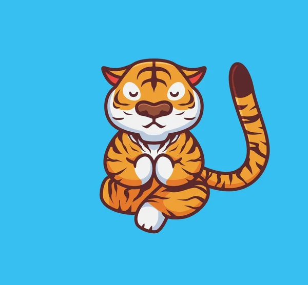 Cute Tiger Meditation Pose Yoga Isolated Cartoon Animal Nature Illustration — Stockvector