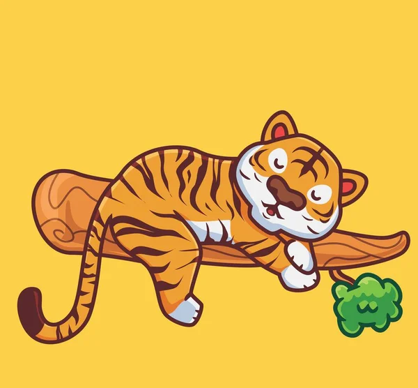 Cute Tiger Sleep Tree Isolated Cartoon Animal Nature Illustration Flat — Wektor stockowy