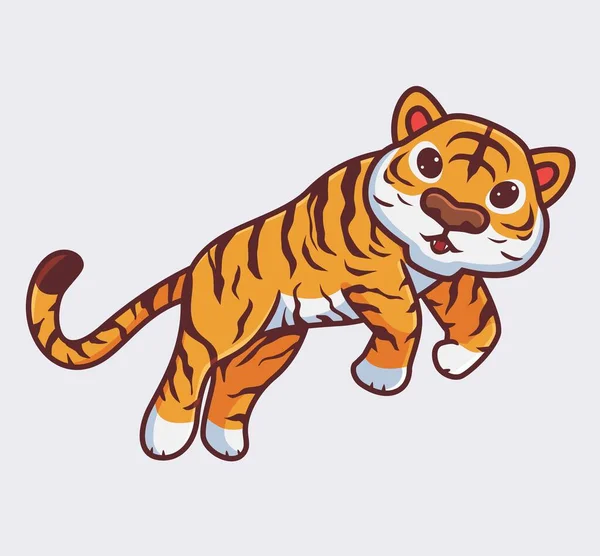 Cute Tiger Jump Calm Isolated Cartoon Animal Nature Illustration Flat — Stock Vector