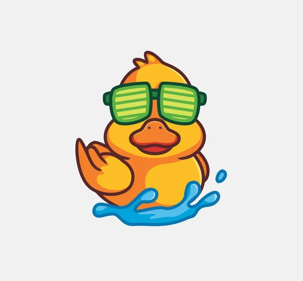 Cute Yellow Duck Swimming Wearing Glasses Isolated Cartoon Animal Nature — Stok Vektör