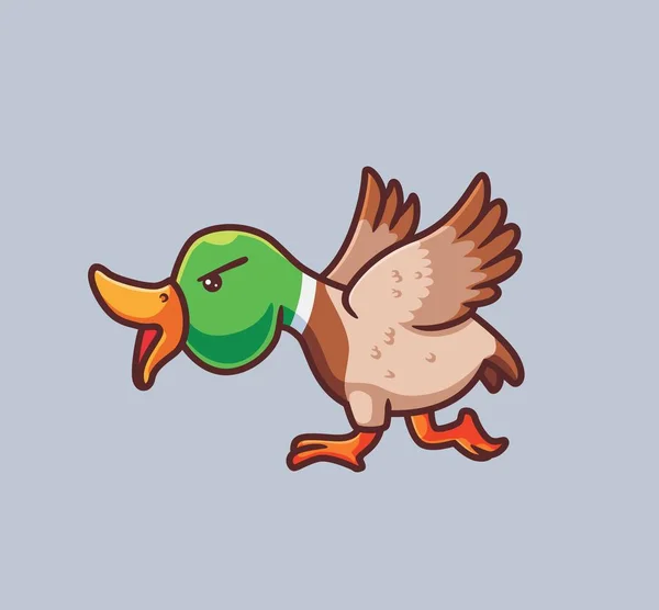 Cute Duck Run Attacking Isolated Cartoon Animal Nature Illustration Flat — Archivo Imágenes Vectoriales