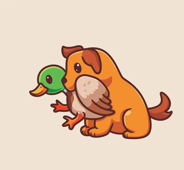 Cute Dog Catch Green Duck Isolated Cartoon Animal Nature Illustration — ストックベクタ