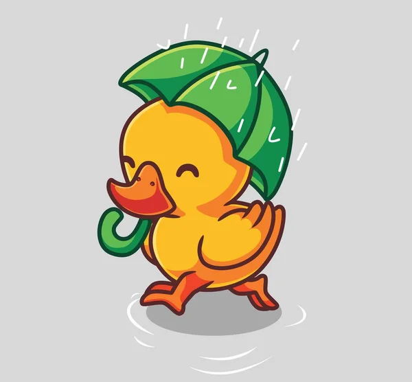 Cute Duck Bring Umbrella Rainy Day Isolated Cartoon Animal Nature — Wektor stockowy
