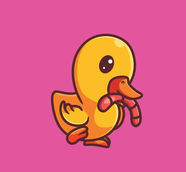 Cute Duck Catching Worm Food Isolated Cartoon Animal Nature Illustration — Stockvektor