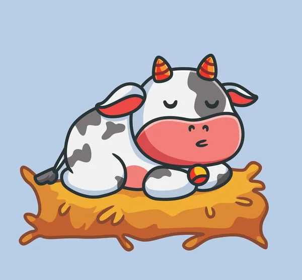 Cute Cow Sleeping Straw Isolated Cartoon Animal Nature Illustration Flat Grafiche Vettoriali