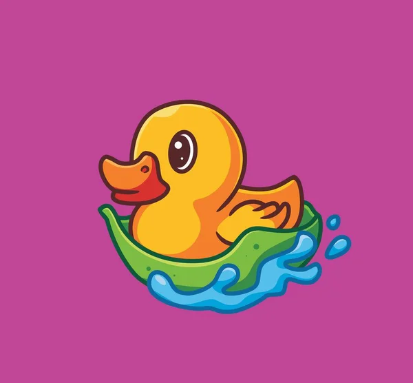 Cute Yellow Duck Using Leaf Boat Swim Isolated Cartoon Animal — Archivo Imágenes Vectoriales