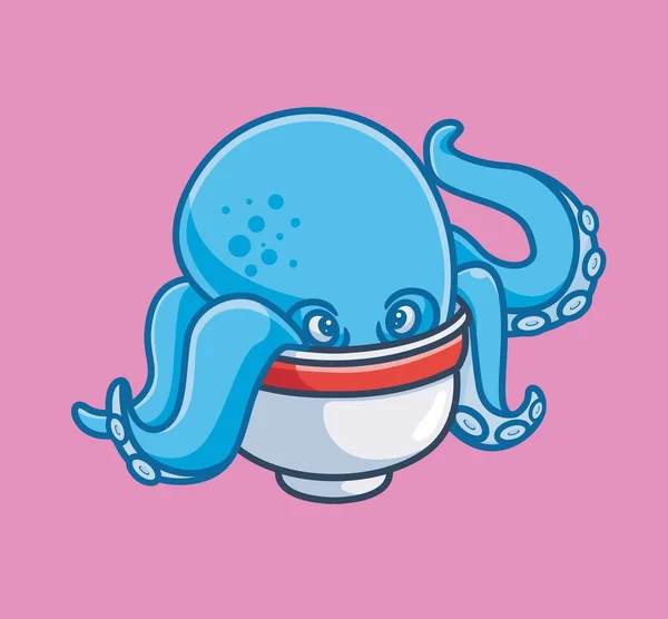 Cute Octopus Hide Bowl Isolated Cartoon Animal Nature Illustration Flat — Wektor stockowy