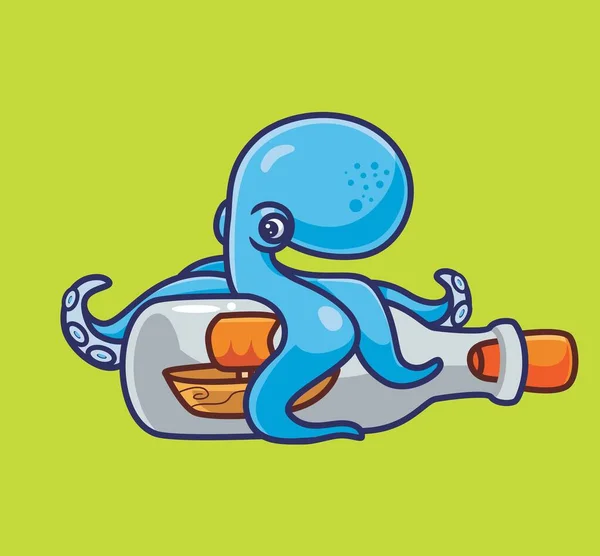 Cute Blue Octopus Found Bottle Miniature Ship Isolated Cartoon Animal — Image vectorielle