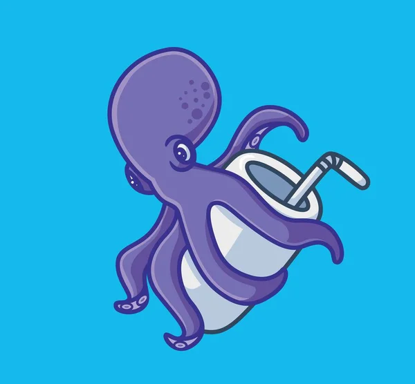 Cute Purple Octopus Drink Glass Straw Isolated Cartoon Animal Nature — Wektor stockowy