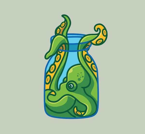 Cute Octopus Hide Jar Bottle Isolated Cartoon Animal Nature Illustration — Vetor de Stock