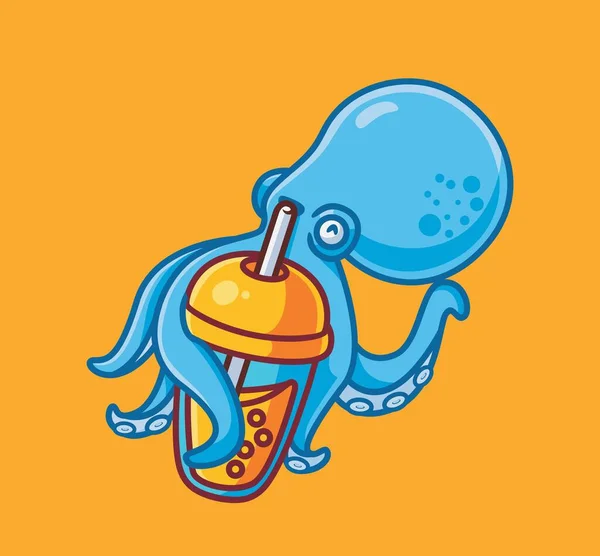 Cute Octopus Drink Boba Isolated Cartoon Animal Illustration Flat Style — Wektor stockowy