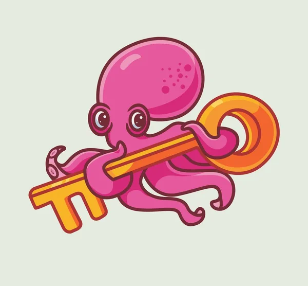 Cute Octopus Keep Key Isolated Cartoon Animal Illustration Flat Style — Vetor de Stock