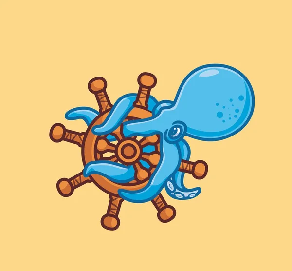 Cute Octopus Ship Wheel Isolated Cartoon Animal Illustration Flat Style — Vetor de Stock