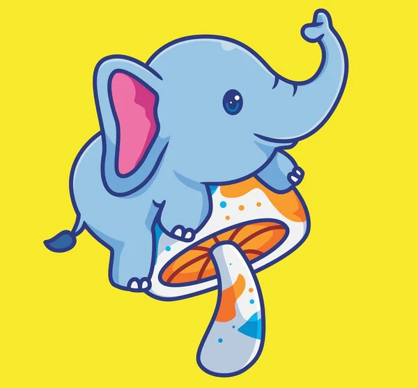 Cute Elephant Climb Giant Mushroom Colorful Isolated Cartoon Animal Illustration — Vector de stock