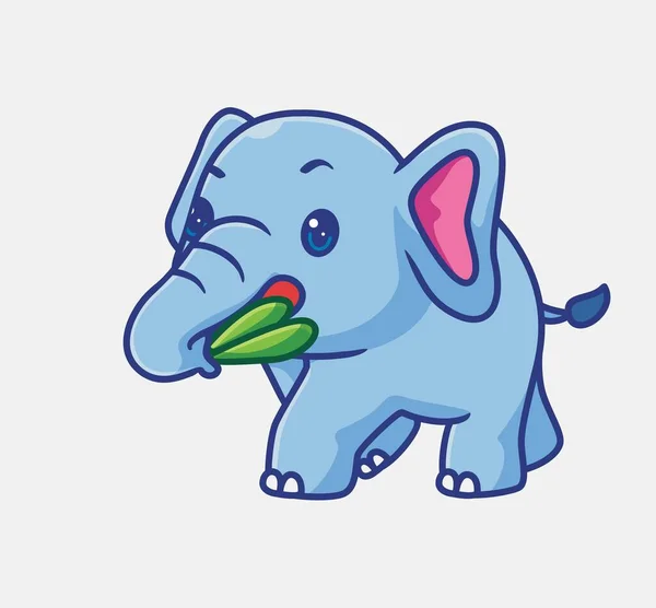 Cute Elephant Hungry Eating Leaf Isolated Cartoon Animal Illustration Flat — Vector de stock