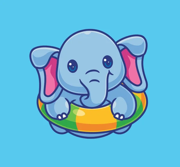 Cute Elephant Vacation Summer Swimming Wearing Lifebuoy Isolated Cartoon Animal — Vector de stock