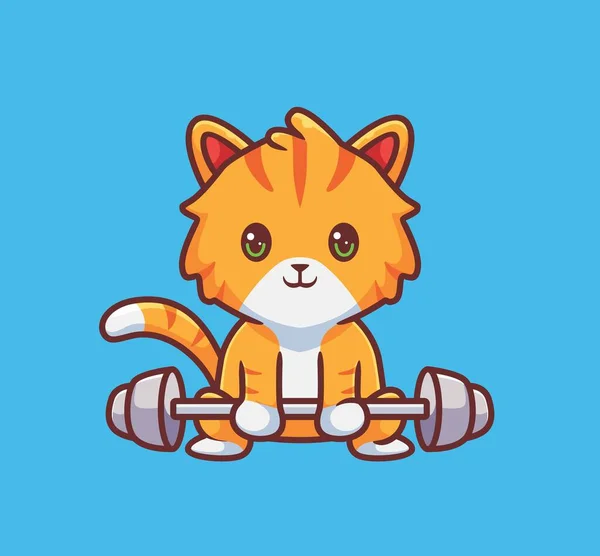 Cute Cat Weightlifting Isolated Cartoon Animal Illustration Flat Style Sticker — Stock vektor