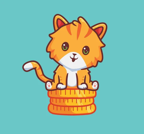 Cute Cat Sitting Pile Coin Isolated Cartoon Animal Illustration Flat — Image vectorielle