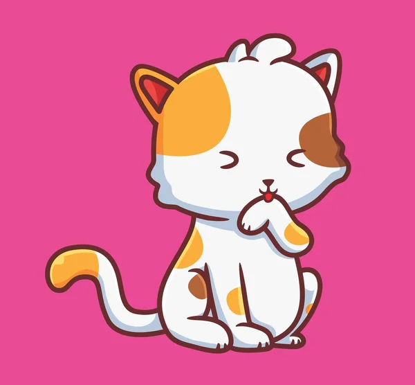 Cute Cat Licking His Hair Isolated Cartoon Animal Illustration Flat — Image vectorielle