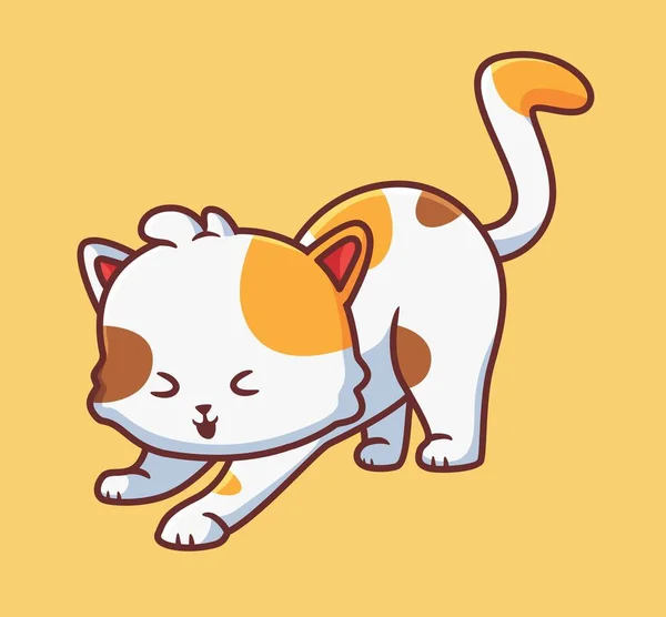 Cute Cat Stretching Morning Isolated Cartoon Animal Illustration Flat Style — Vettoriale Stock