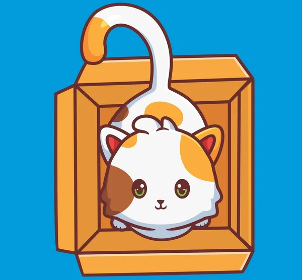 Cute Cat Looking His Favorite Cardboard Isolated Cartoon Animal Illustration — Stockvektor