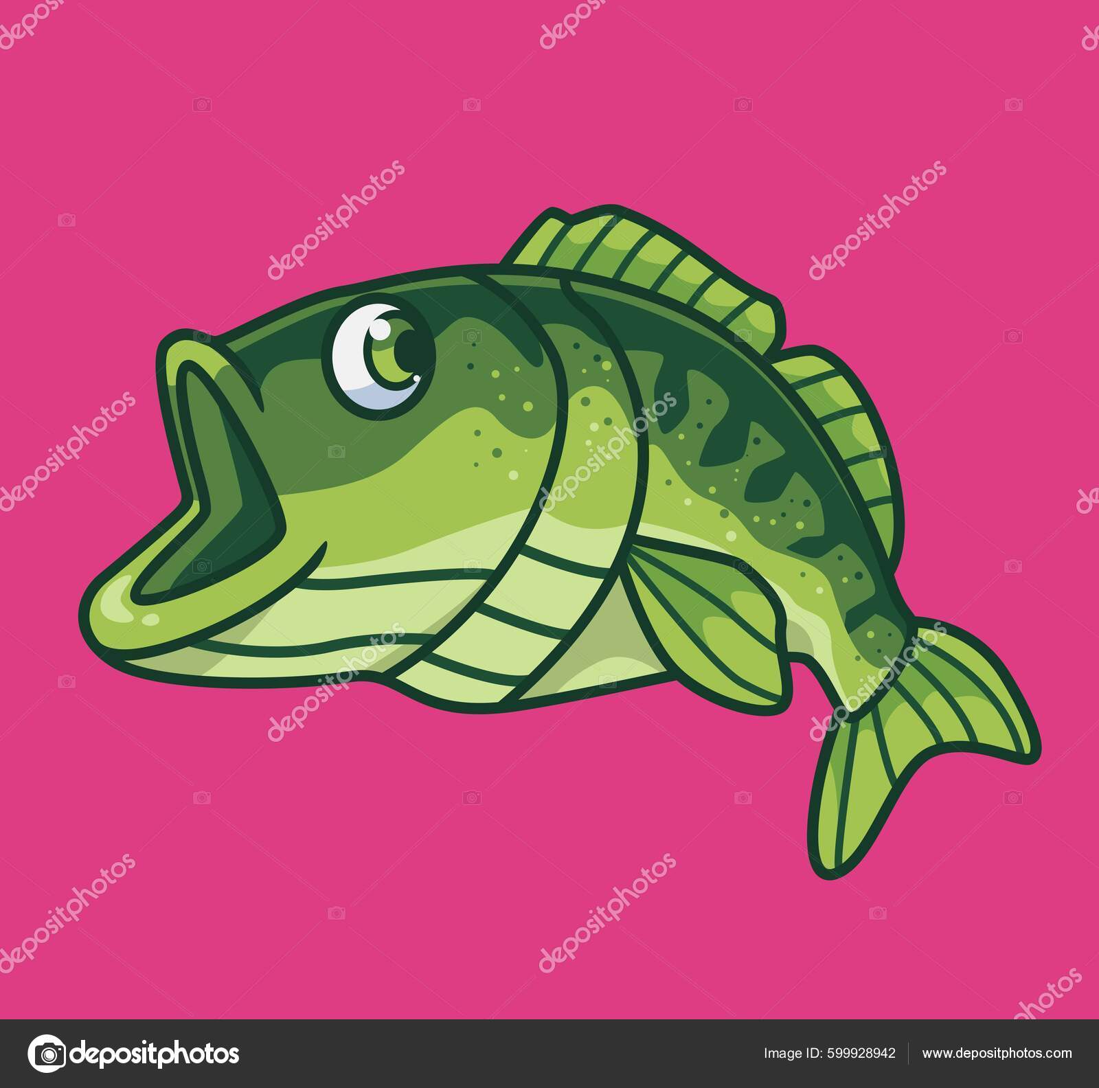 Cute bass fish green isolated cartoon animal illustration flat style