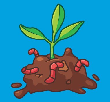 cute growing plant with earthworm. isolated cartoon animal illustration. Flat Style Sticker Icon Design Premium Logo vector. Mascot Character
