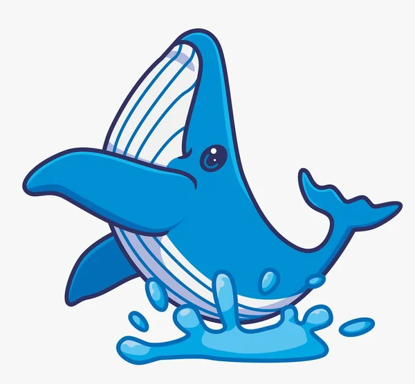 Cute Blue Whale Jumping Water Isolated Cartoon Animal Illustration Flat — Stok Vektör