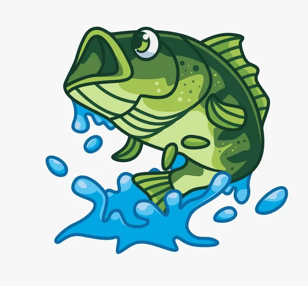 Cute Bass Fish Jumping Splash Water Isolated Cartoon Animal Illustration — Vetor de Stock