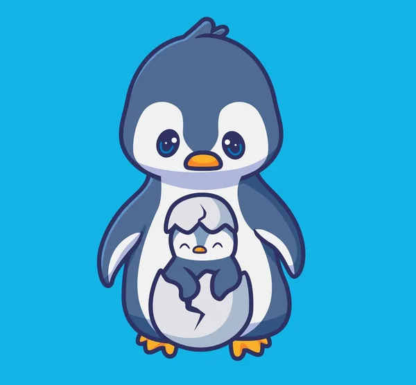 Cute Penguin Mom Hatching Egg Isolated Cartoon Animal Illustration Flat — Stock Vector