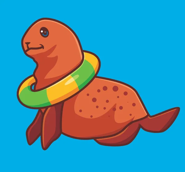 Cute Seal Circus Using Lifebuoy Ring Isolated Cartoon Animal Illustration — Image vectorielle