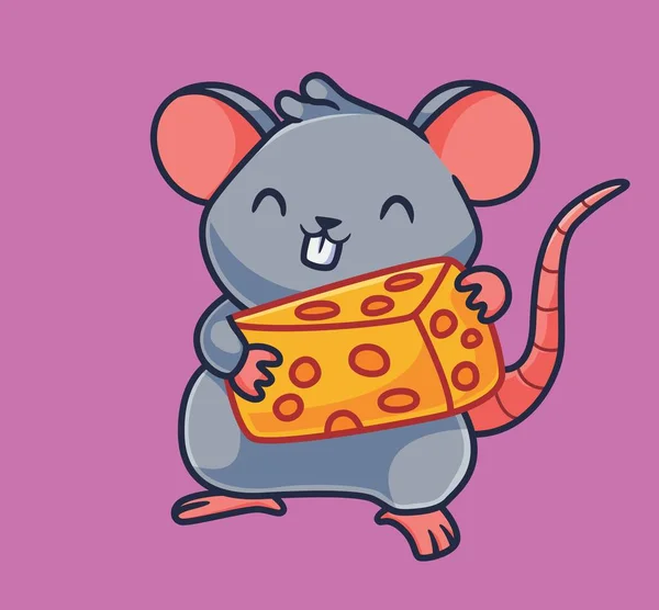 Χαριτωμένο Ποντίκι Κινουμένων Σχεδίων Κρατώντας Ένα Τυρί Απομονωμένο Φορέα Εικονογράφησης — Διανυσματικό Αρχείο