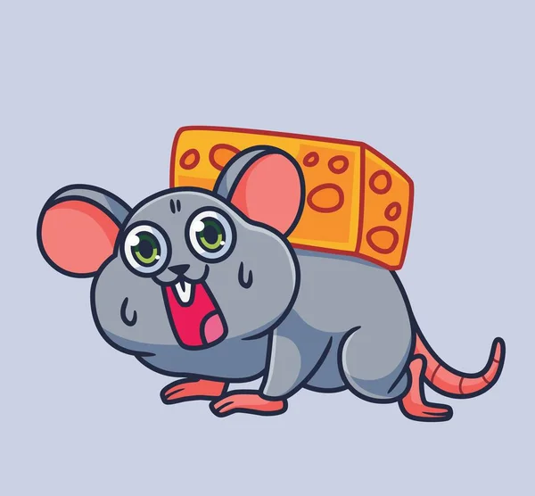 Cute Mouse Carry Big Cheese Isolated Cartoon Animal Illustration Vector — Stok Vektör