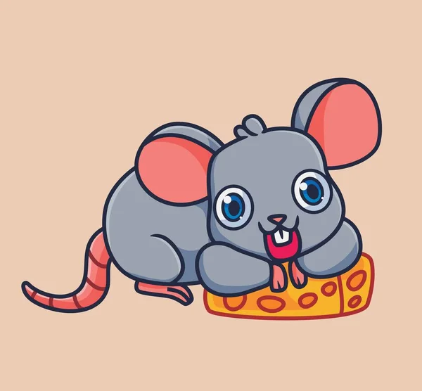 Cute Cartoon Mouse Get Piece Cheese Isolated Cartoon Animal Illustration — Stockový vektor