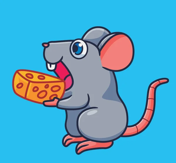 Cute Cartoon Mouse Eating Cheese Isolated Cartoon Animal Illustration Vector —  Vetores de Stock