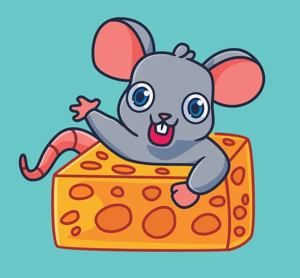 Cute Cartoon Mouse Greeting Cheese Hole Isolated Cartoon Animal Illustration — Archivo Imágenes Vectoriales