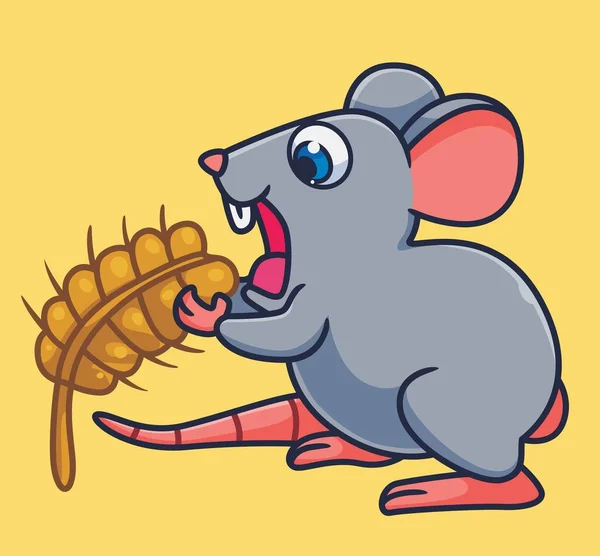 Cute Cartoon Mouse Eating Rice Isolated Cartoon Animal Illustration Vector — Stok Vektör