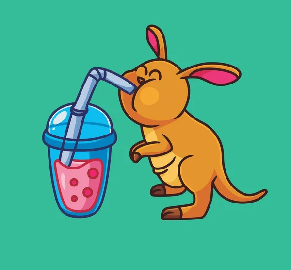 Cute Cartoon Kangaroo Drinking Bubble Tea Isolated Cartoon Animal Illustration — Stock vektor