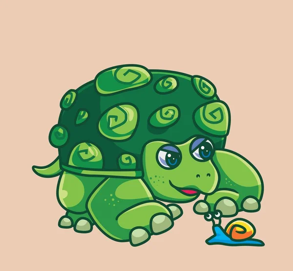 Cute Turtle Meet Snail Isolated Cartoon Animal Illustration Vector — Stock Vector