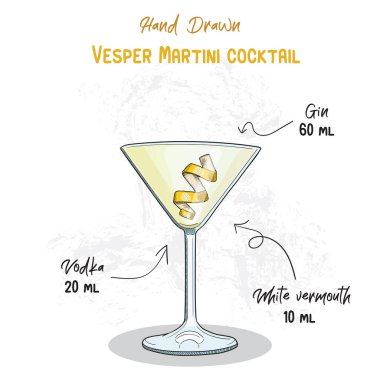 El yapımı renkli Vesper Martini Yazı Kokteyl İçeceği İçecekleri El Yazısıyla Tarifi