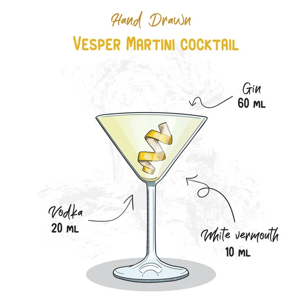 Vêpe Colorée Dessinée Main Martini Summer Cocktail Ingrédients Recette Manuscrite — Image vectorielle