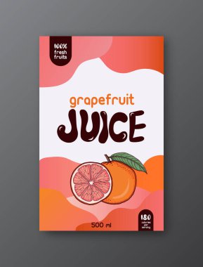 Aile tarifi Greyfurt suyu etiketi şablonu. Soyut modern vektör paketleme düzeni. Typography ve elle çizilmiş meyveli renk gradyan afişi. İzole edilmiş