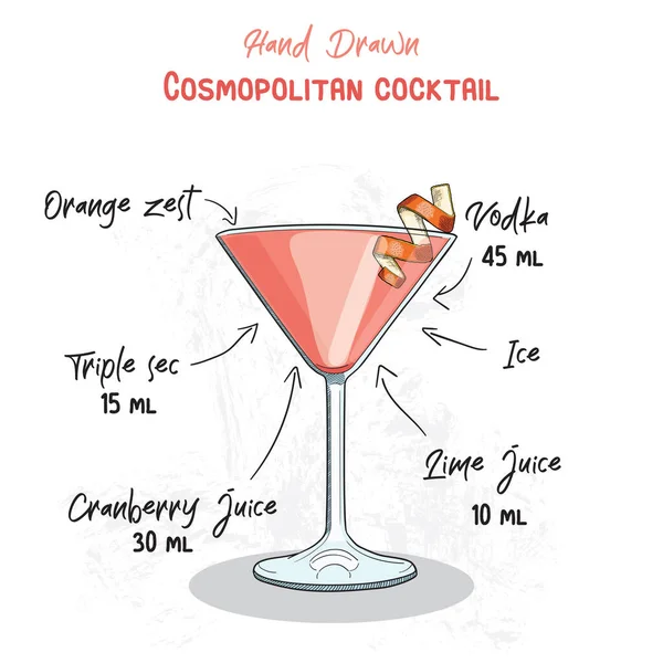 Hand Drawn Colorful Cosmopolitan Summer Cocktail Drink Ingredients Handwritten Recipe — Stock Vector