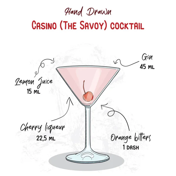 Dibujado Mano Colorido Casino Savoy Summer Cocktail Drink Ingredientes Receta — Archivo Imágenes Vectoriales