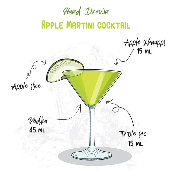 Handgezeichnete Bunte Apple Martini Summer Cocktail Drink Zutaten Handgeschriebenes Rezept — Stockvektor
