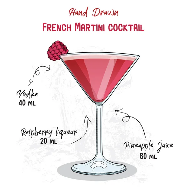 Handgezeichnete Bunte French Martini Summer Cocktail Drink Zutaten Handgeschriebenes Rezept — Stockvektor