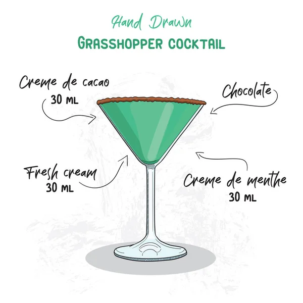 Sauterelle Colorée Dessinée Main Cocktail Été Ingrédients Recette Manuscrite — Image vectorielle