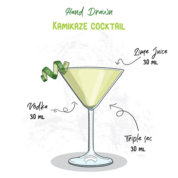 손으로 Colorful Kamikaze Summer Cocktail Drink Ingredients Handwritten Recipe — 스톡 벡터